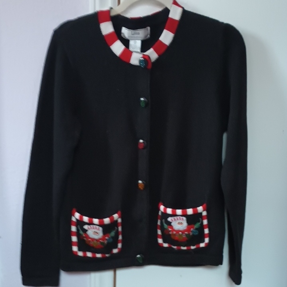 Lisa International Black Cardigan with Red and White Accents